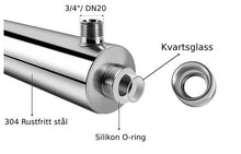 Last inn bildet i Galleri-visningsprogrammet, Stort UV- kammer i rustfritt stål 3/4" inntak og uttak. 55w lampe